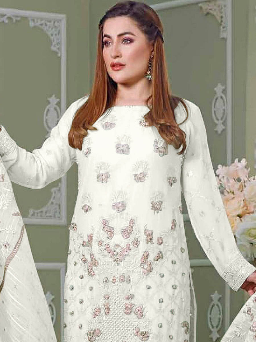 Off White Faux Georgette Embroidered Festival Wedding Pant Salwar Kameez