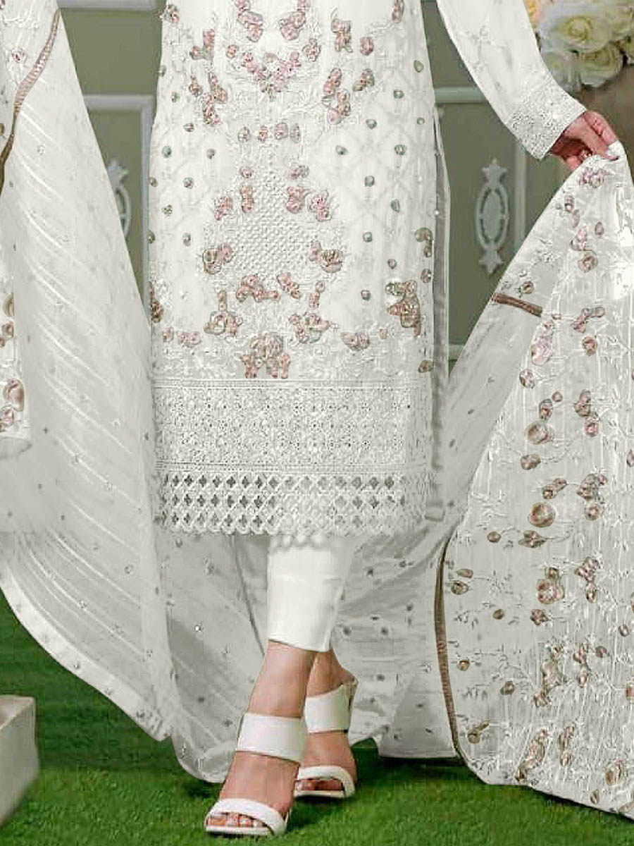 Off White Faux Georgette Embroidered Festival Wedding Pant Salwar Kameez