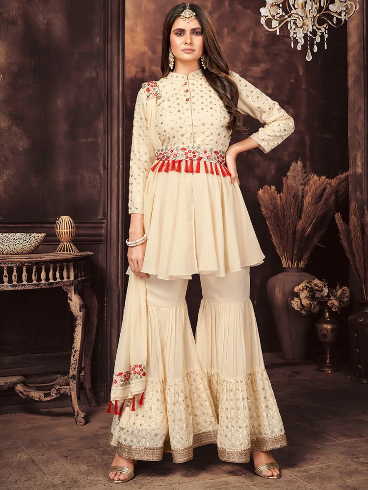 Off-White Faux Georgette Embroidered Party Palazzo Pant Kameez