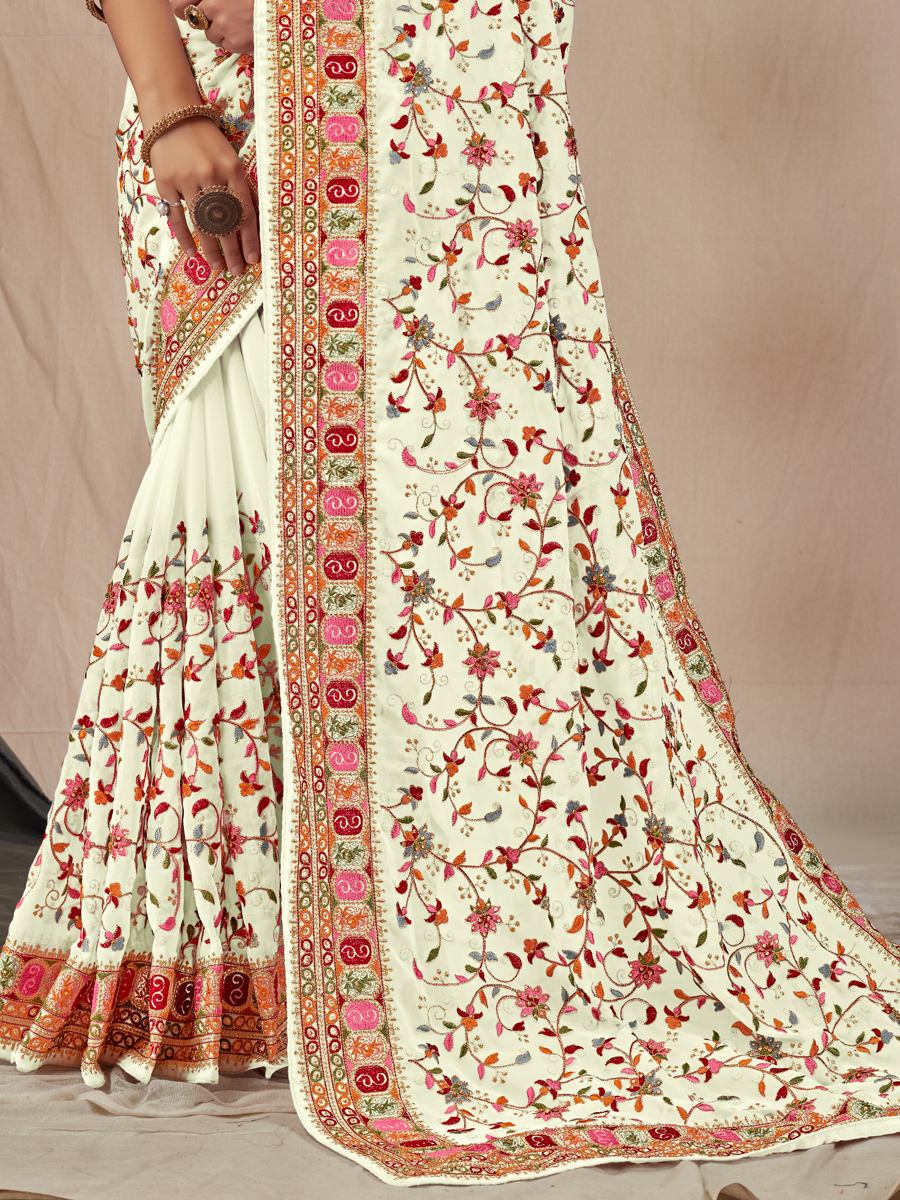 Off White Faux Georgette Embroidered Party Saree