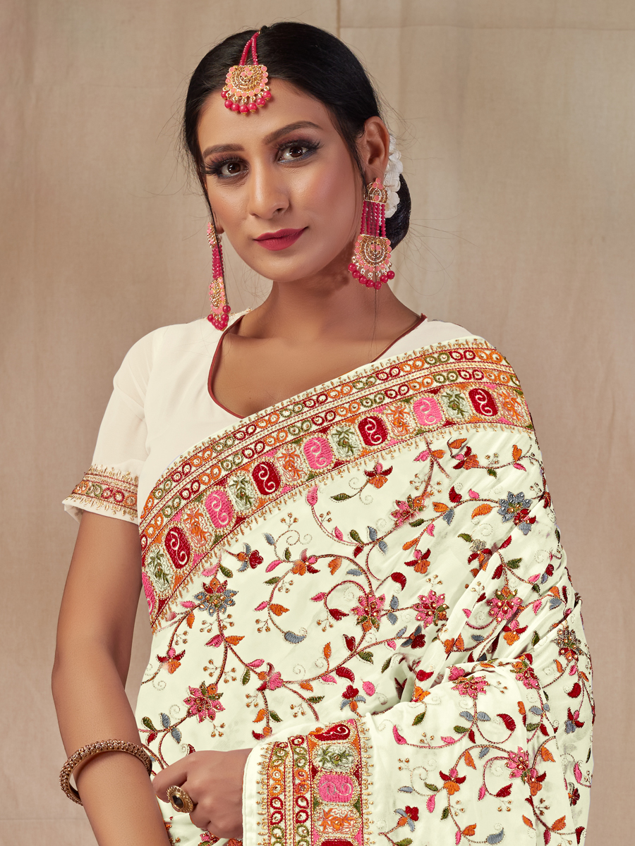 Off White Faux Georgette Embroidered Party Saree