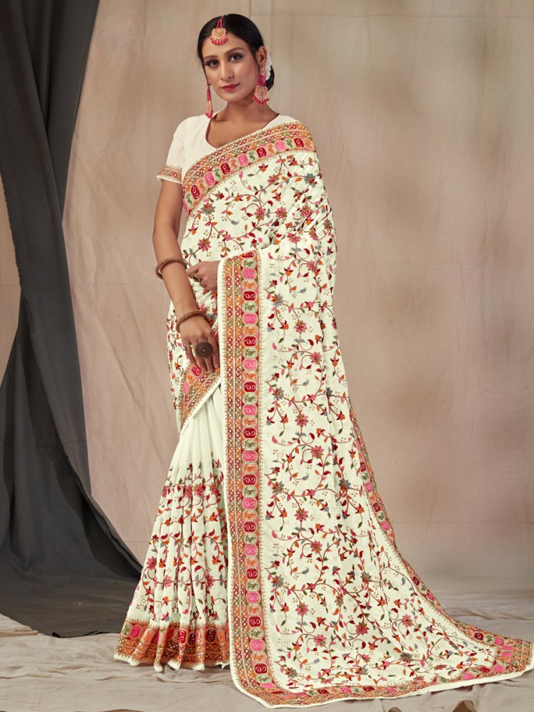 Off White Faux Georgette Embroidered Party Saree