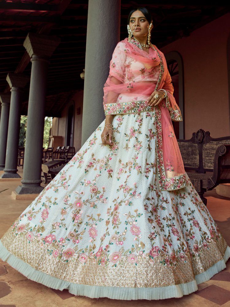 Off-White Faux Georgette Embroidered Wedding Lehenga Choli
