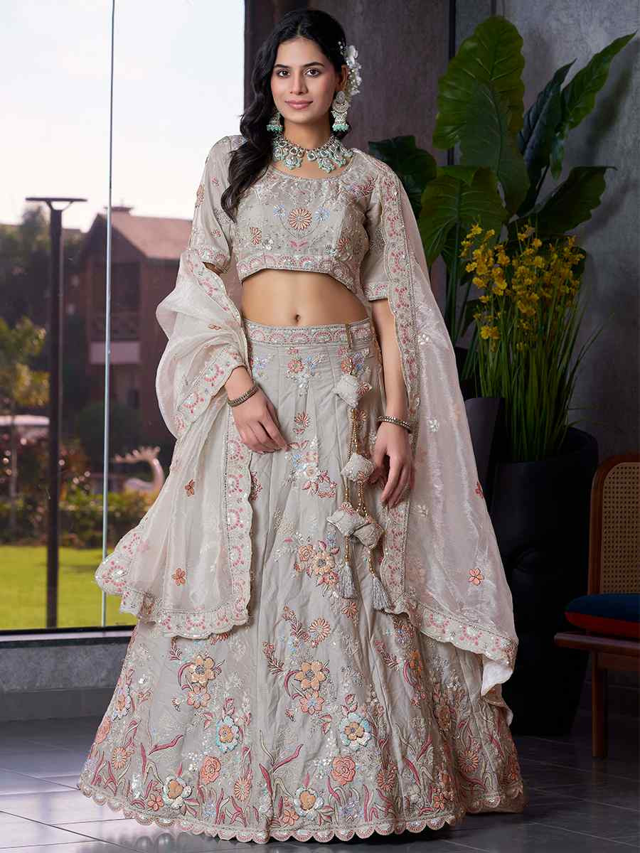 Off White Fendi Silk Embroidered Reception Wedding Lehenga Choli