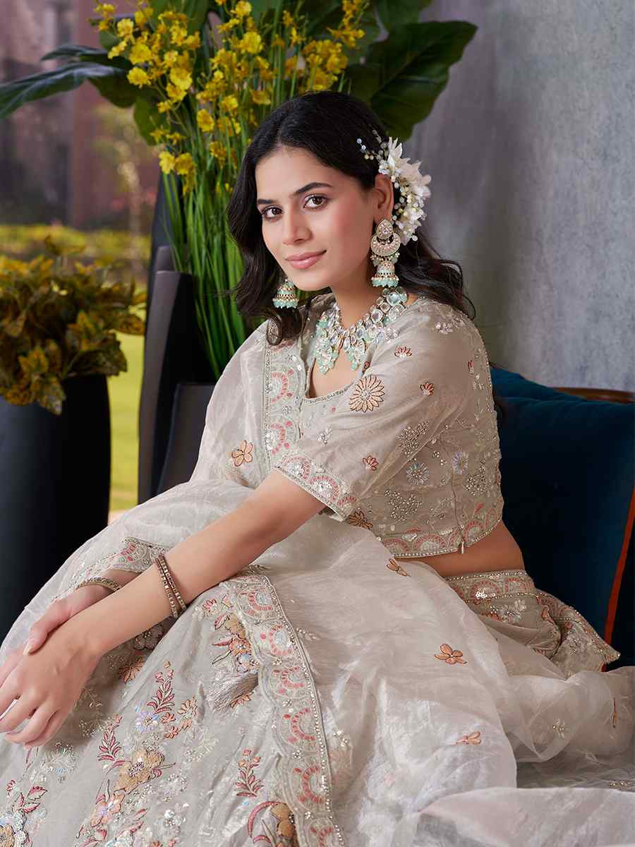 Off White Fendi Silk Embroidered Reception Wedding Lehenga Choli