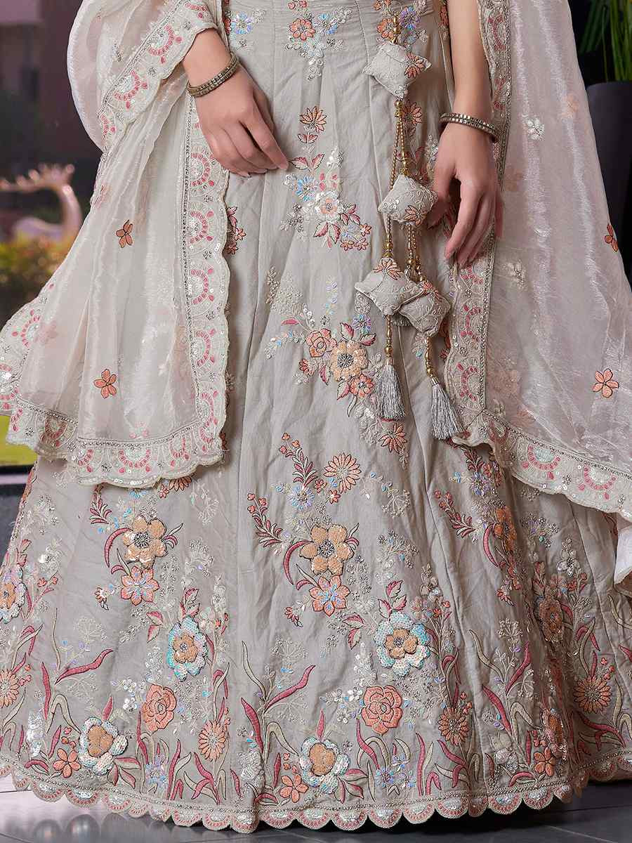 Off White Fendi Silk Embroidered Reception Wedding Lehenga Choli