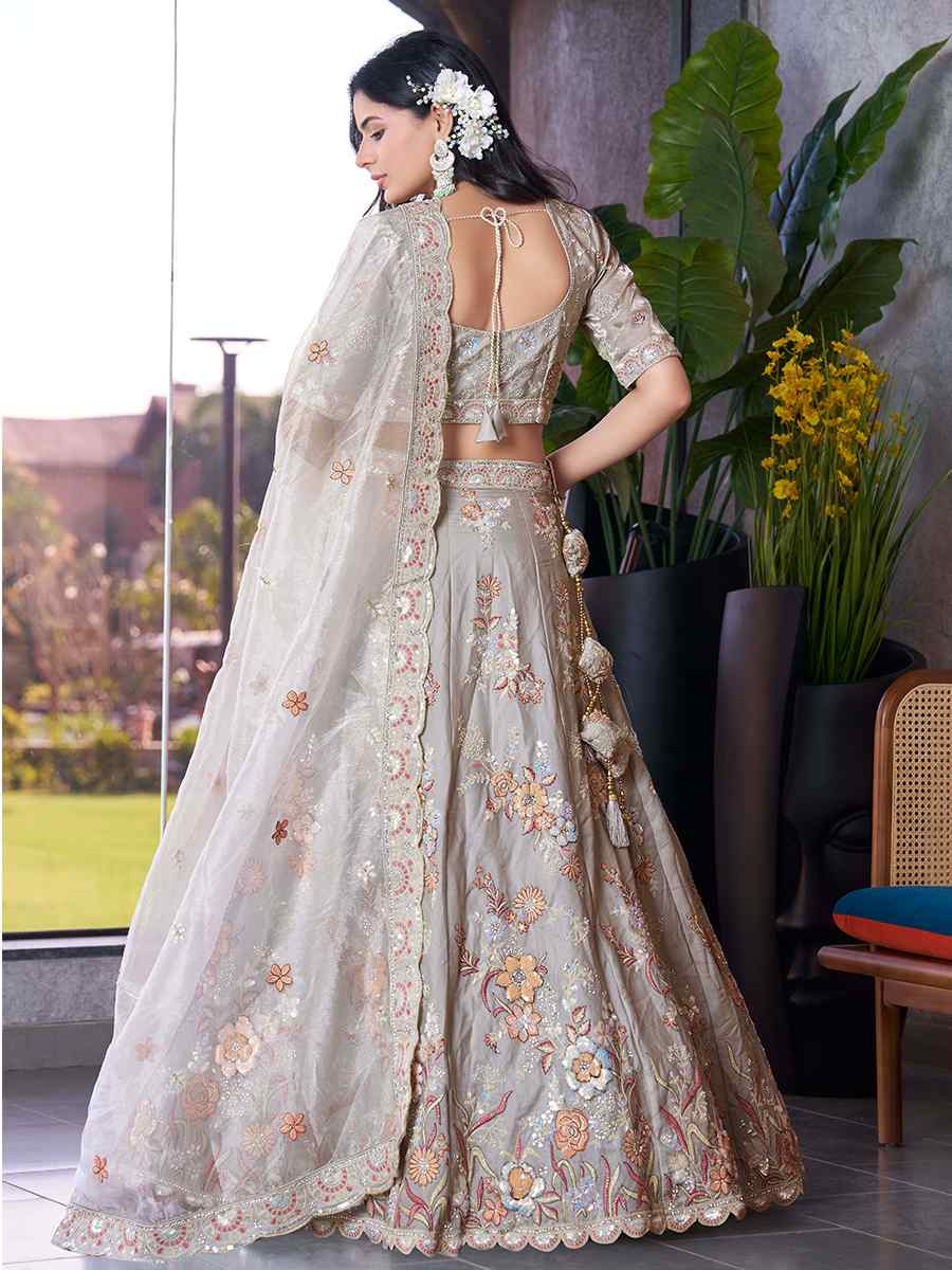 Off White Fendi Silk Embroidered Reception Wedding Lehenga Choli