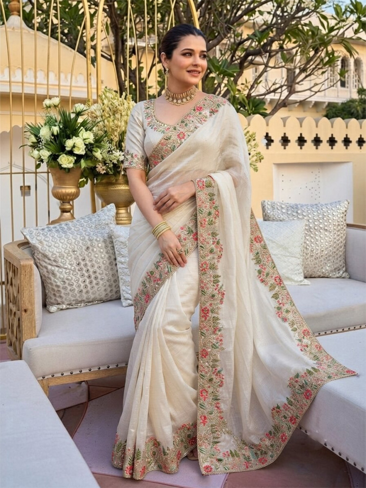 Image of Off White Fendy Satin Silk Embroidery Wedding Reception Party Festival Casual Heavy Border Sarees