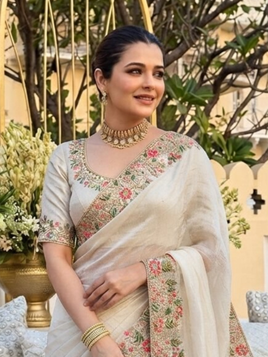 Off White Fendy Satin Silk Embroidery Wedding Reception Party Festival Casual Heavy Border Sarees
