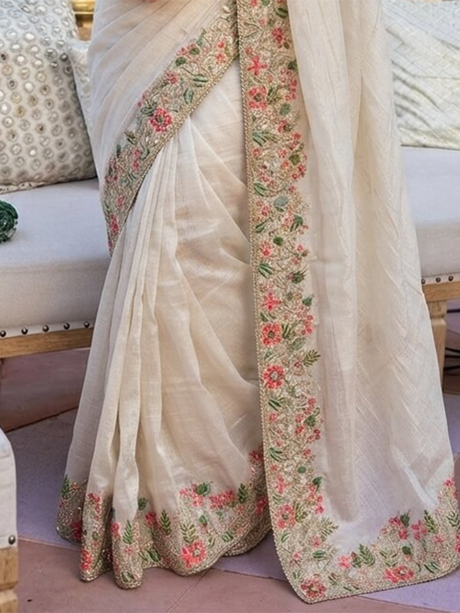 Off White Fendy Satin Silk Embroidery Wedding Reception Party Festival Casual Heavy Border Sarees