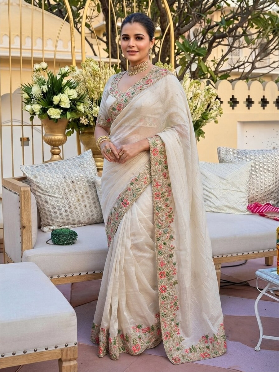 Off White Fendy Satin Silk Embroidery Wedding Reception Party Festival Casual Heavy Border Sarees