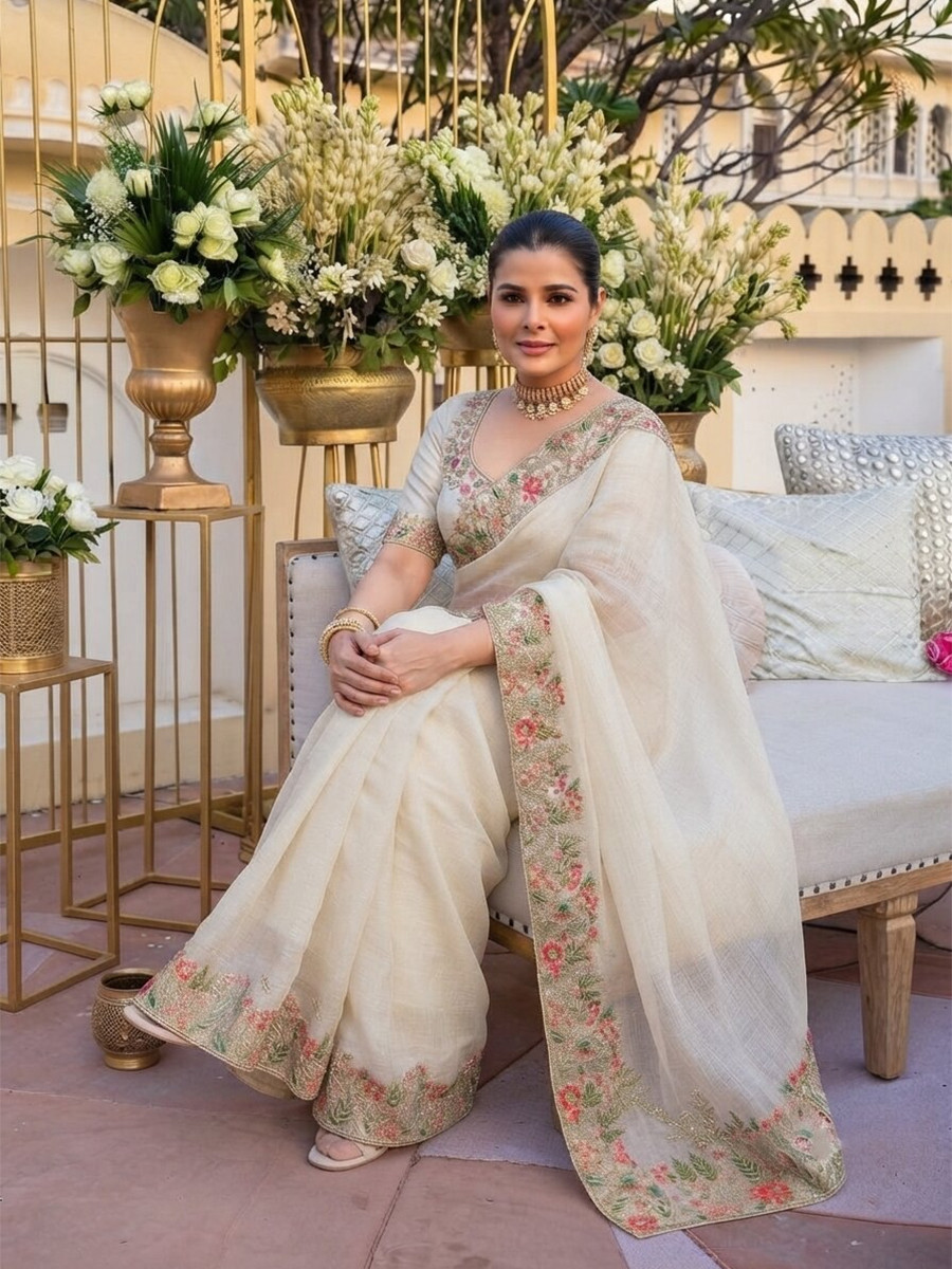 Off White Fendy Satin Silk Embroidery Wedding Reception Party Festival Casual Heavy Border Sarees
