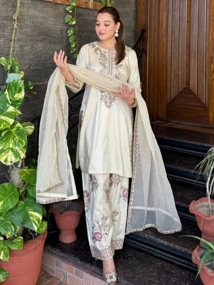 Image of Off White French Crepe Embroidery Wedding Party Festival Casual Ready Palazzo Pant Salwar Kameez