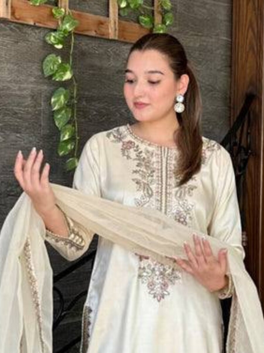 Off White French Crepe Embroidery Wedding Party Festival Casual Ready Palazzo Pant Salwar Kameez