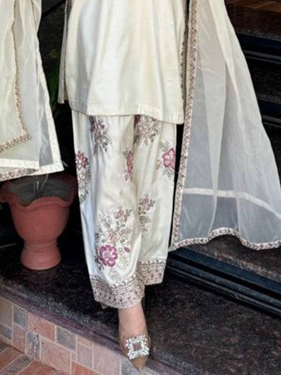 Off White French Crepe Embroidery Wedding Party Festival Casual Ready Palazzo Pant Salwar Kameez
