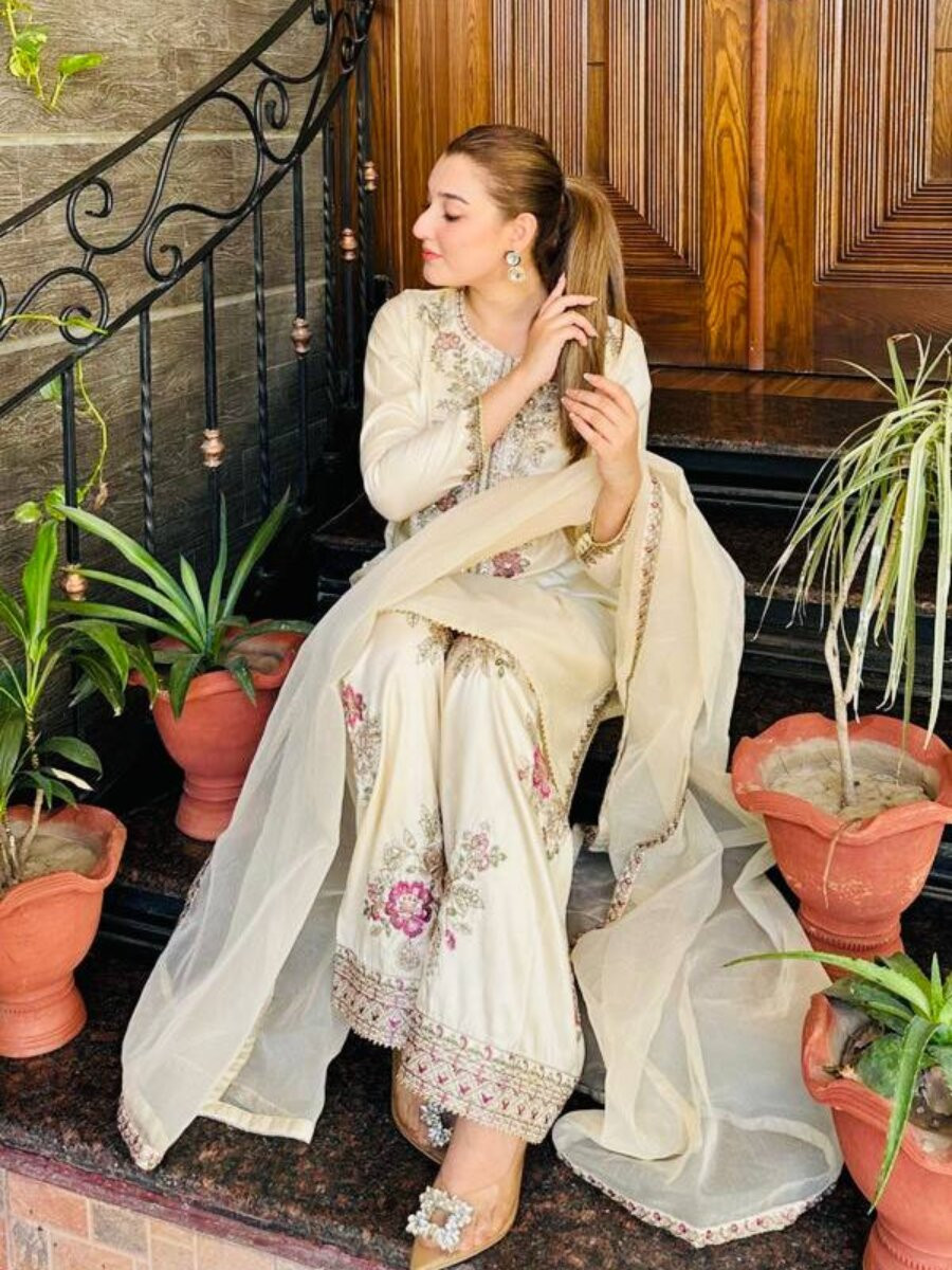 Off White French Crepe Embroidery Wedding Party Festival Casual Ready Palazzo Pant Salwar Kameez
