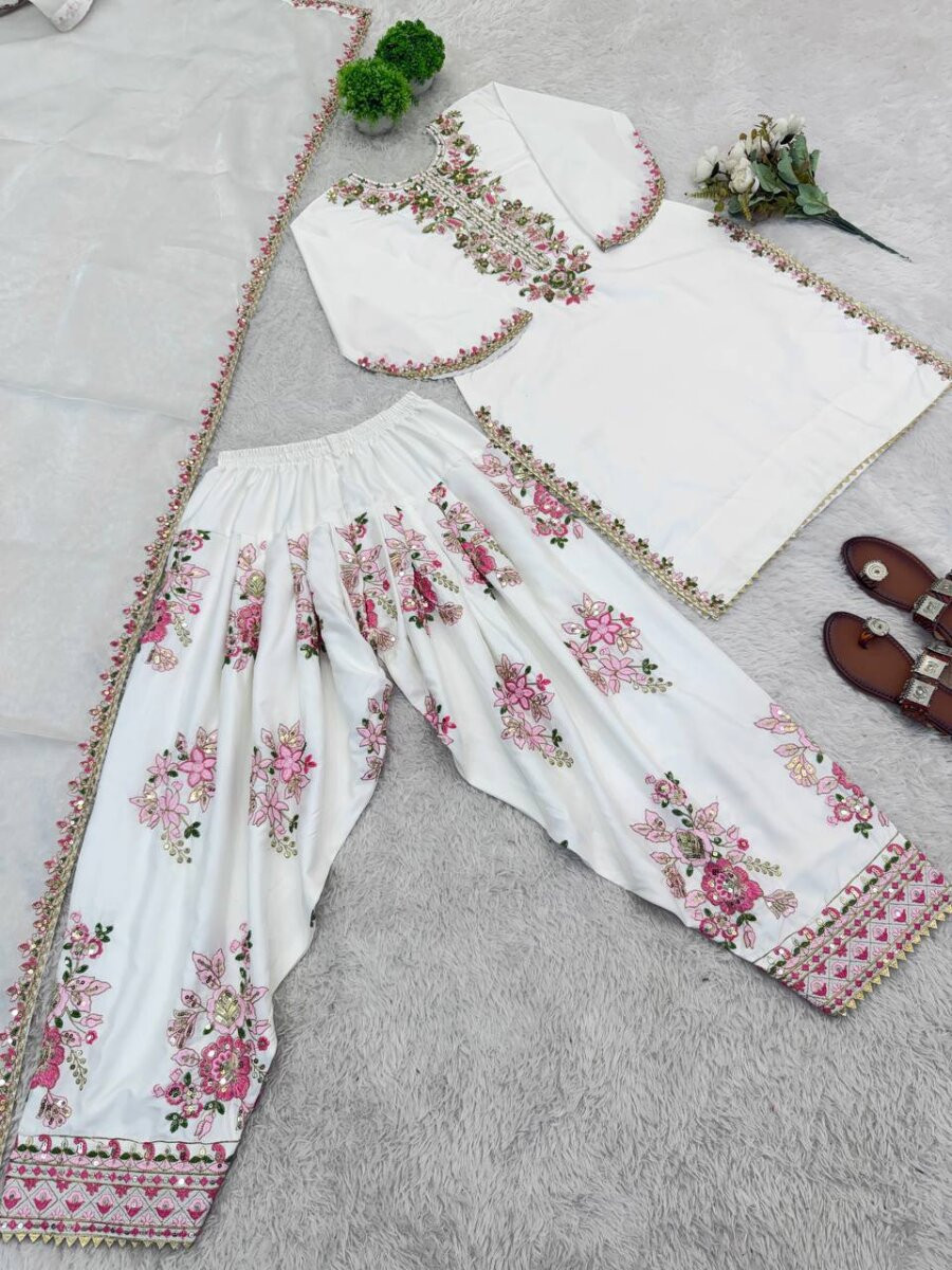 Off White French Crepe Embroidery Wedding Party Festival Casual Ready Palazzo Pant Salwar Kameez