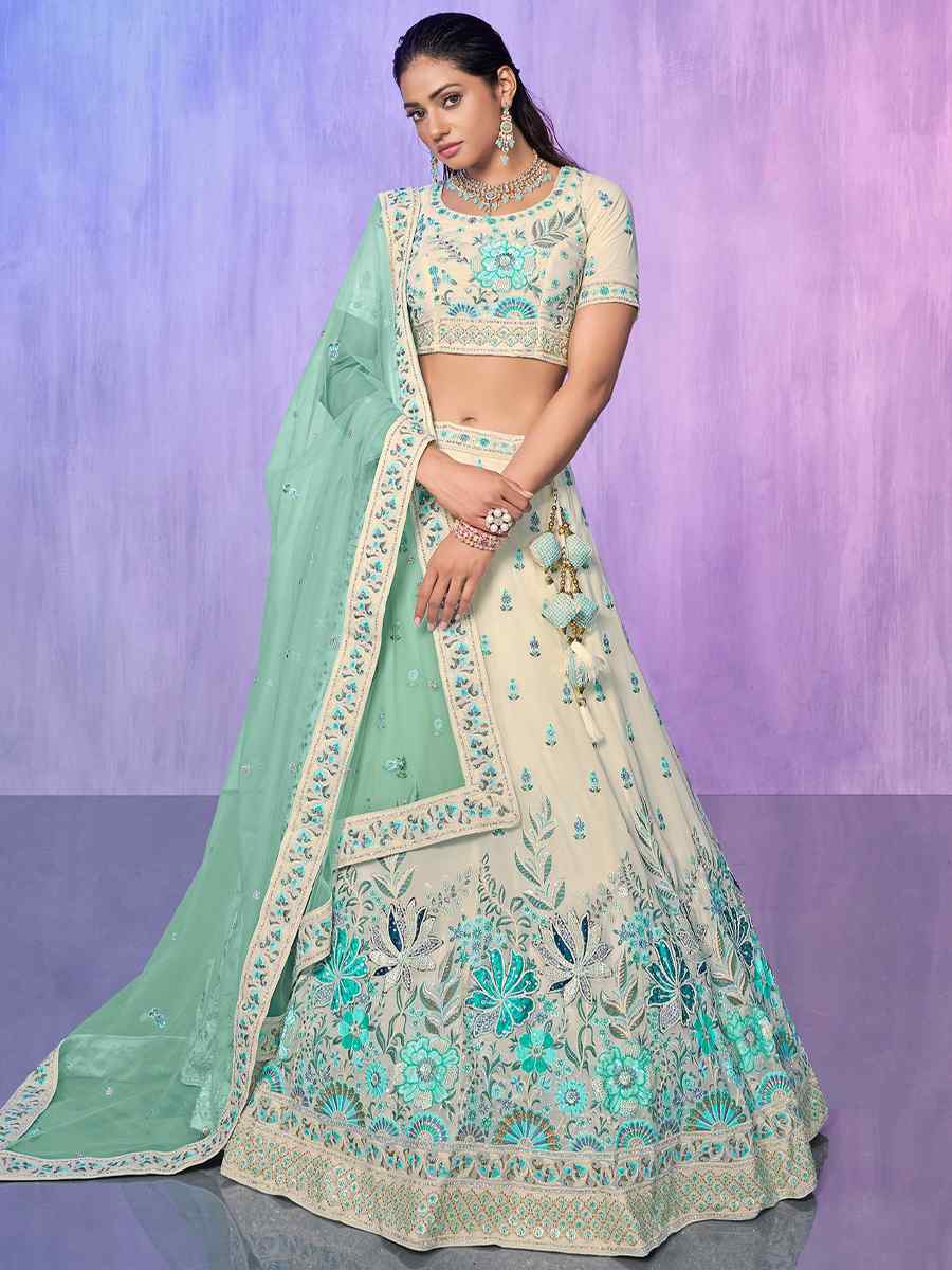 Off White Georgette Embroidered Bridal Reception Heavy Border Lehenga Choli