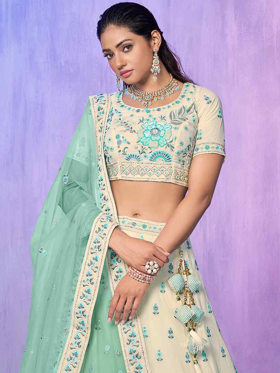 Off White Georgette Embroidered Bridal Reception Heavy Border Lehenga Choli