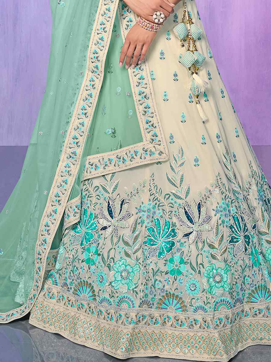 Off White Georgette Embroidered Bridal Reception Heavy Border Lehenga Choli