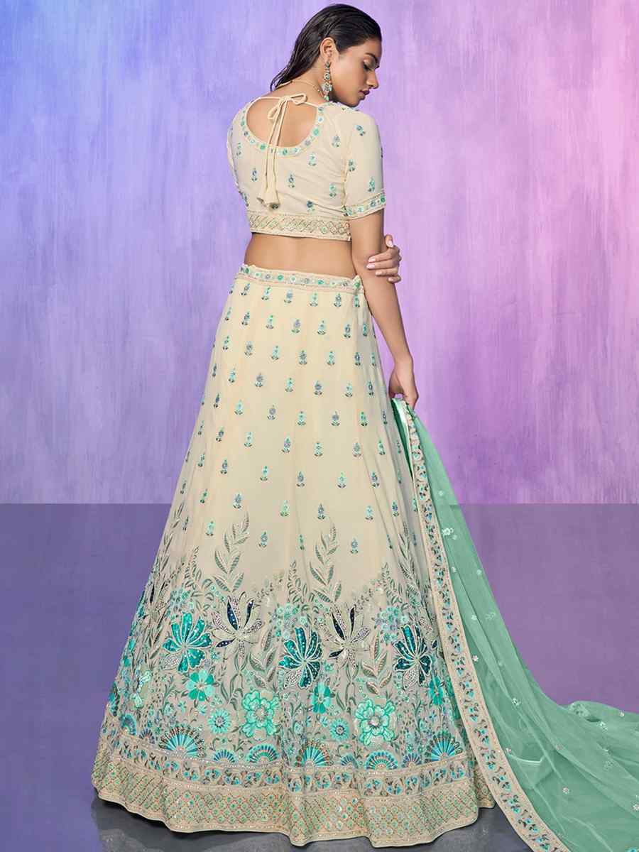 Off White Georgette Embroidered Bridal Reception Heavy Border Lehenga Choli