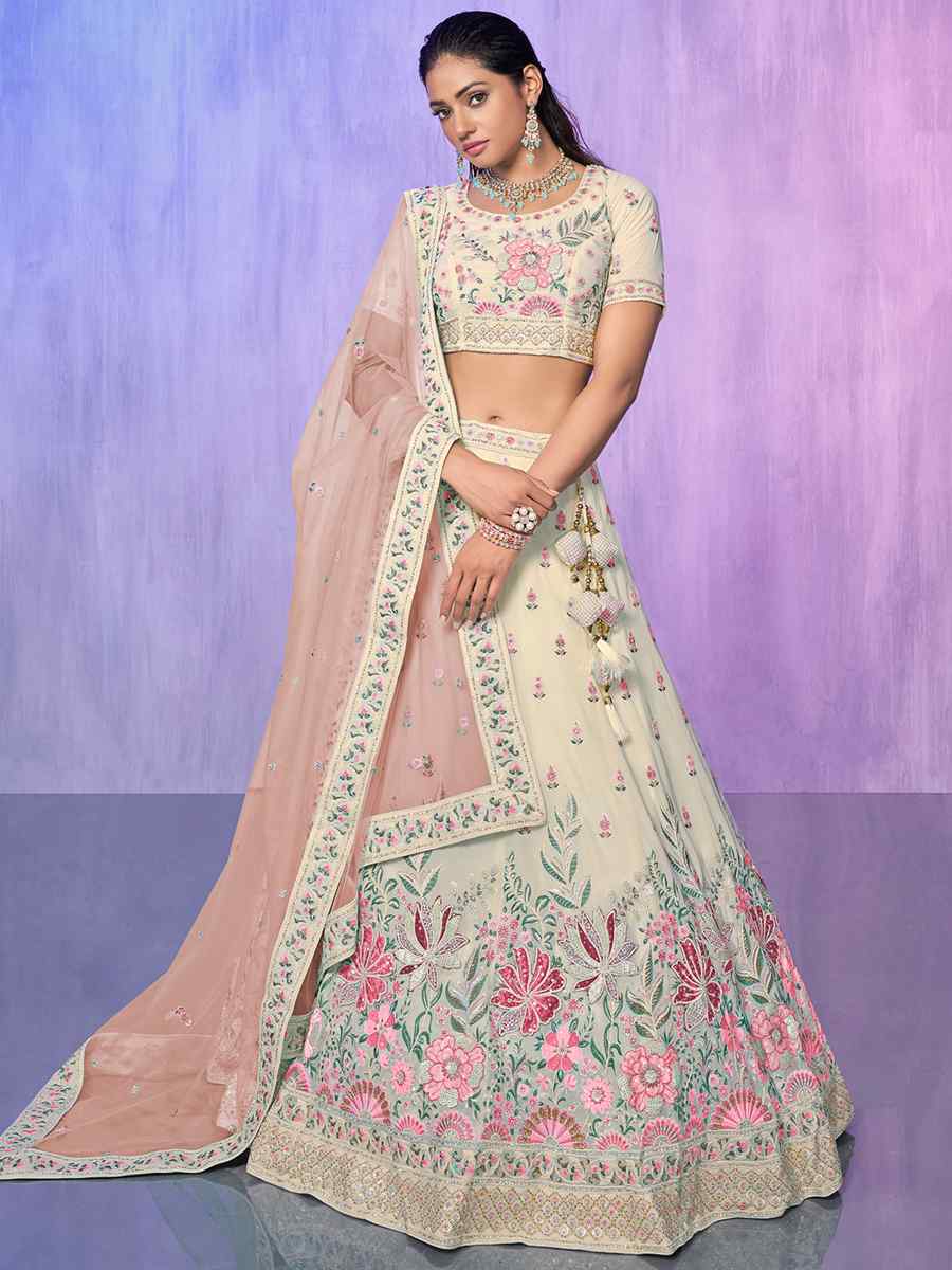 Off White Georgette Embroidered Bridal Reception Heavy Border Lehenga Choli