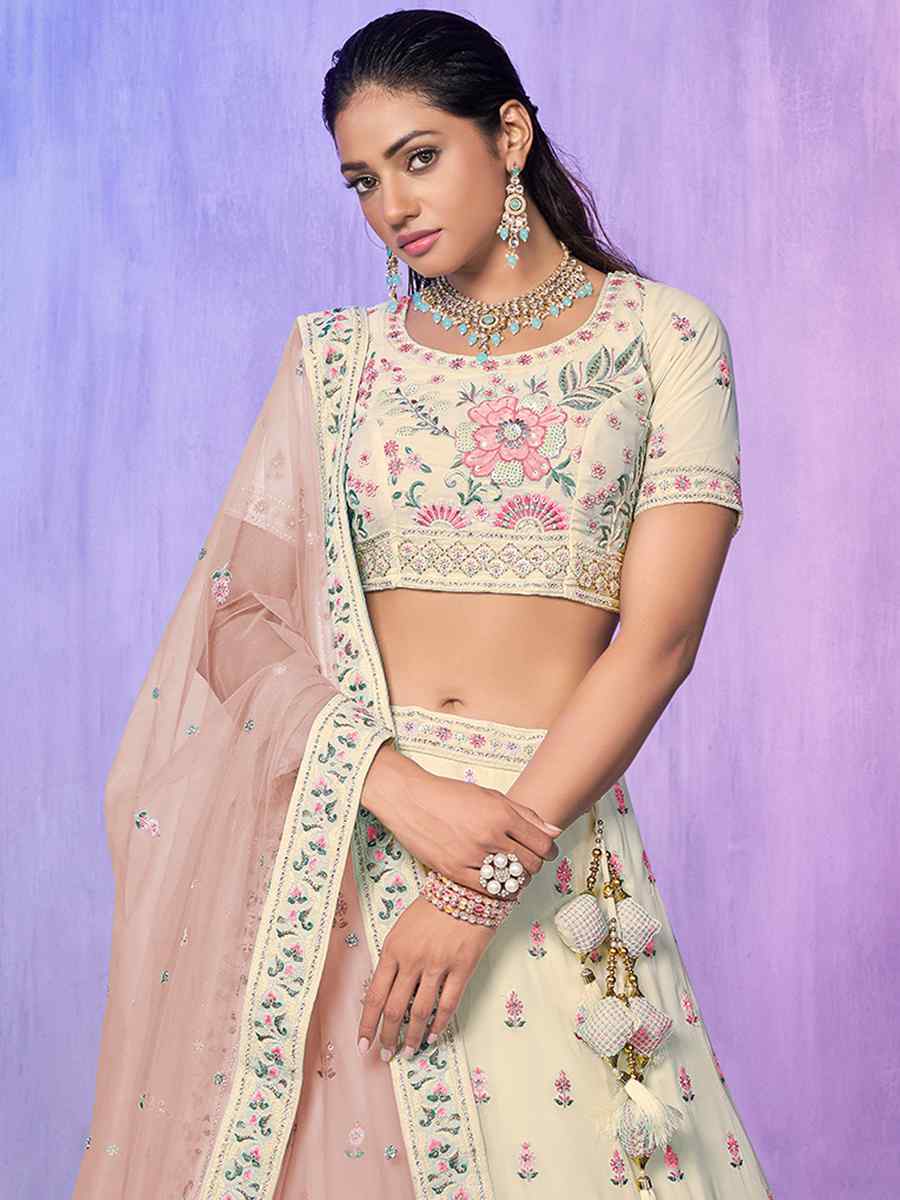 Off White Georgette Embroidered Bridal Reception Heavy Border Lehenga Choli