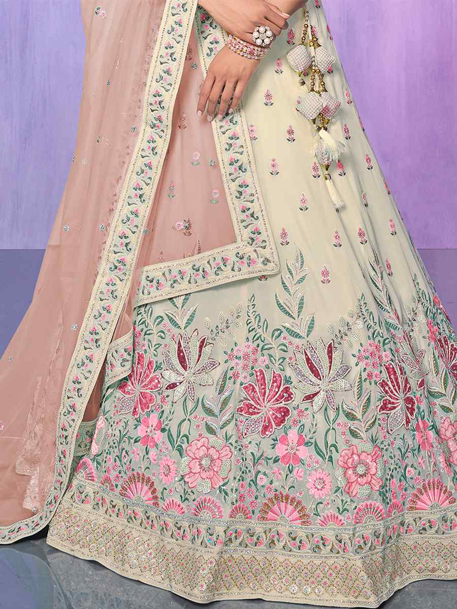 Off White Georgette Embroidered Bridal Reception Heavy Border Lehenga Choli