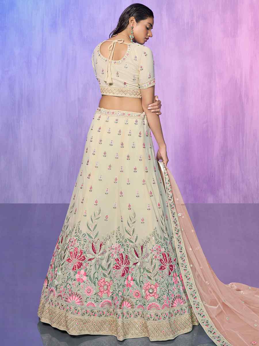 Off White Georgette Embroidered Bridal Reception Heavy Border Lehenga Choli