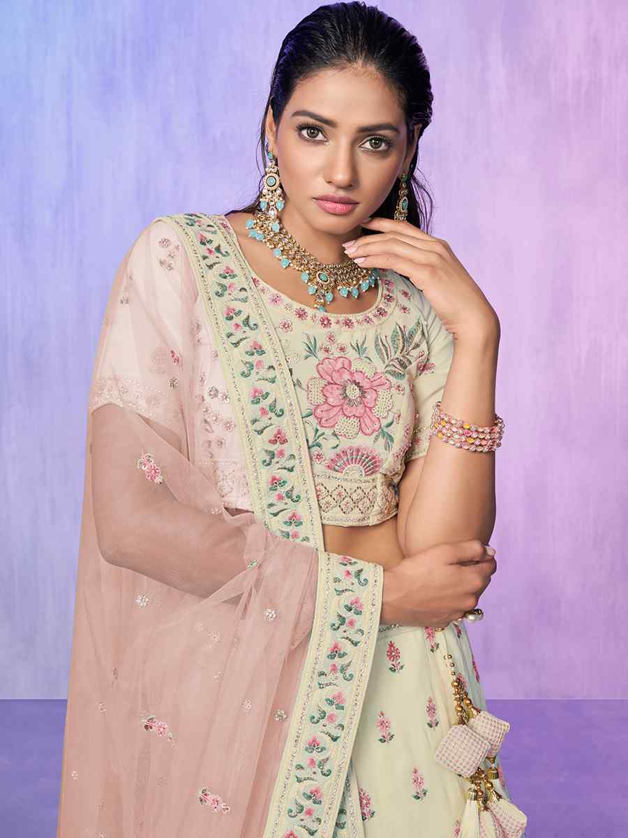 Off White Georgette Embroidered Bridal Reception Heavy Border Lehenga Choli