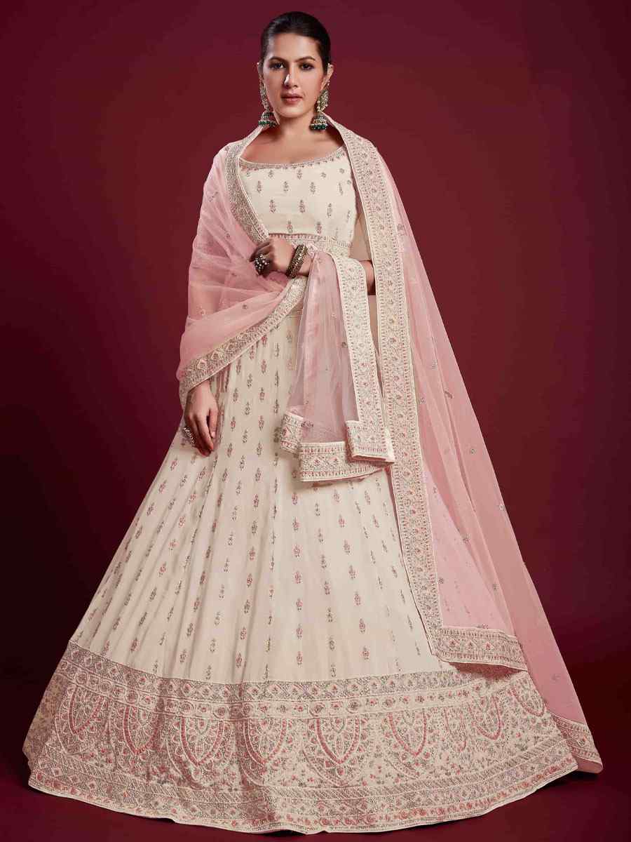 Off White Georgette Embroidered Bridal Wedding Heavy Border Lehenga Choli