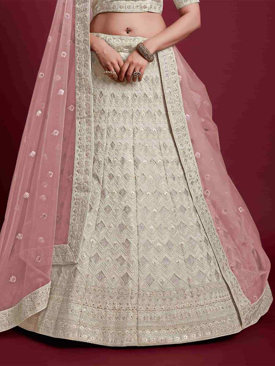 Off White Georgette Embroidered Bridal Wedding Heavy Border Lehenga Choli