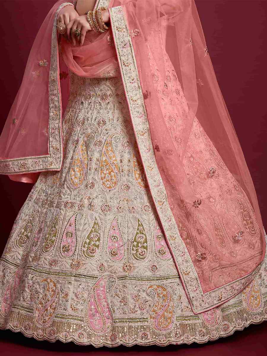 Off White Georgette Embroidered Bridal Wedding Heavy Border Lehenga Choli