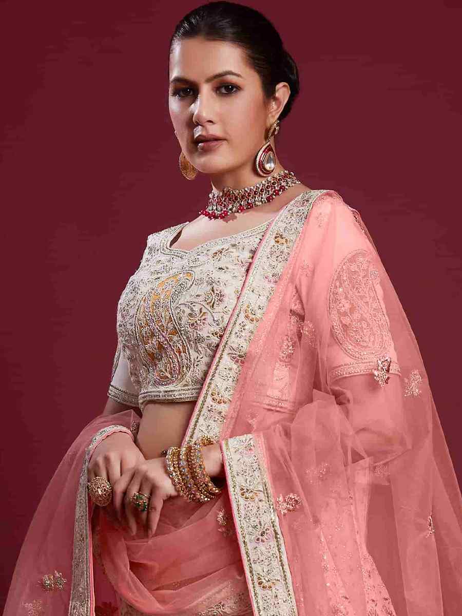 Off White Georgette Embroidered Bridal Wedding Heavy Border Lehenga Choli