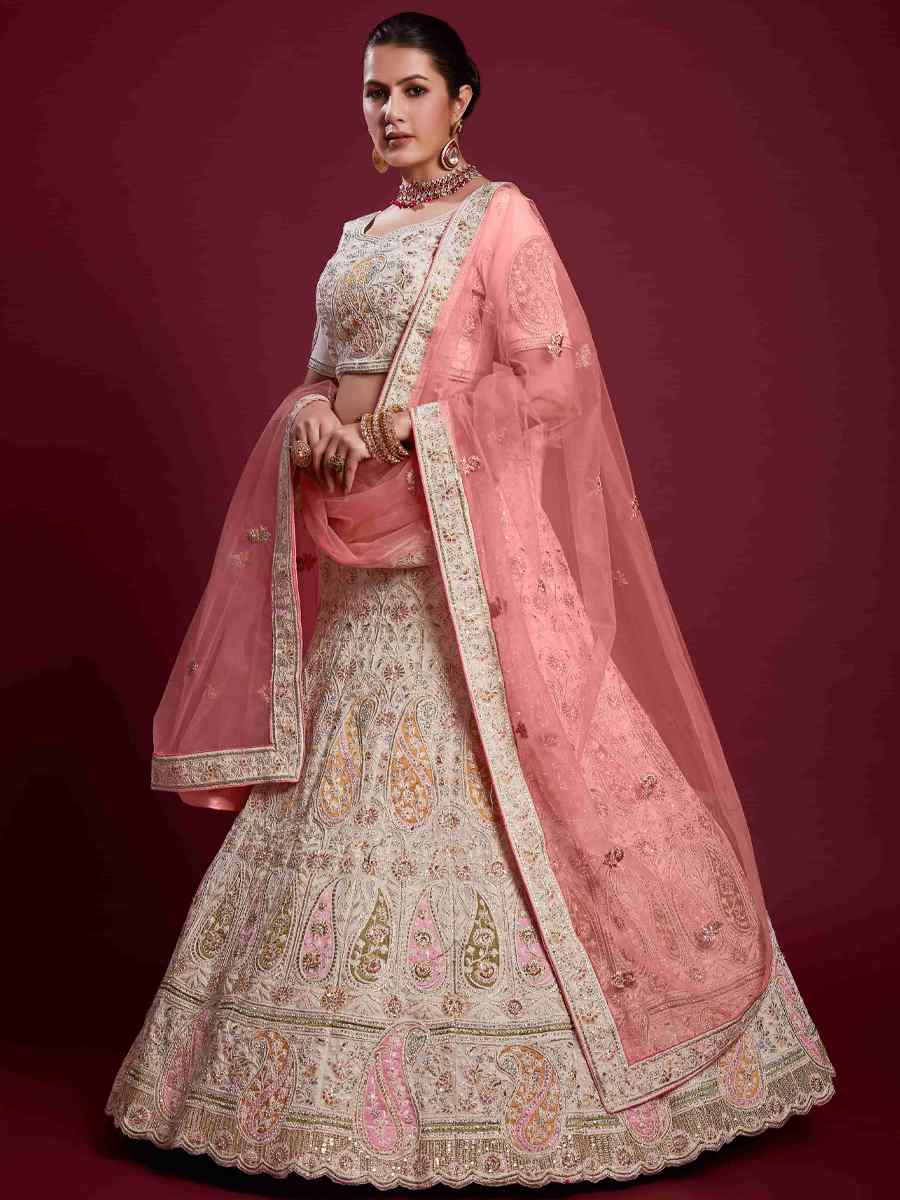 Off White Georgette Embroidered Bridal Wedding Heavy Border Lehenga Choli