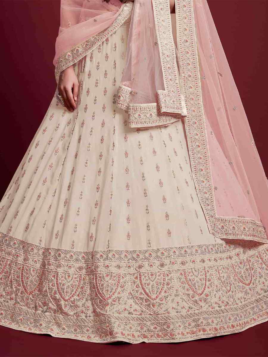 Off White Georgette Embroidered Bridal Wedding Heavy Border Lehenga Choli