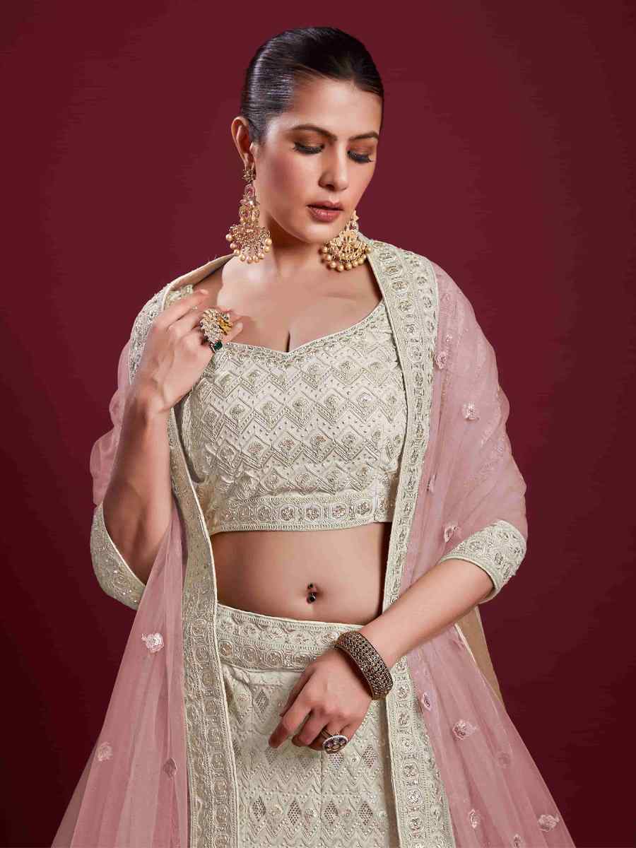 Off White Georgette Embroidered Bridal Wedding Heavy Border Lehenga Choli