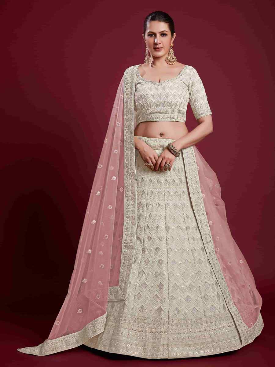 Off White Georgette Embroidered Bridal Wedding Heavy Border Lehenga Choli