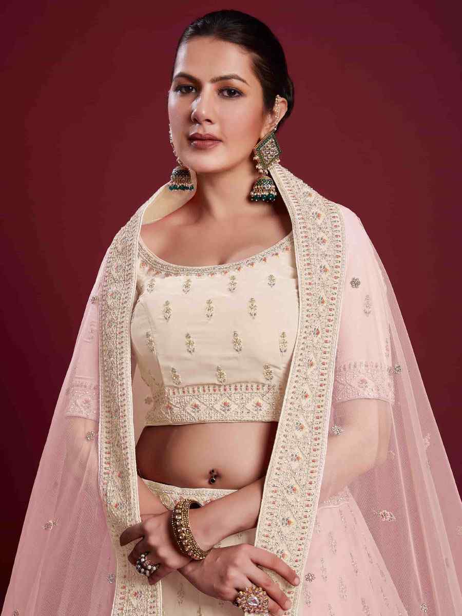 Off White Georgette Embroidered Bridal Wedding Heavy Border Lehenga Choli