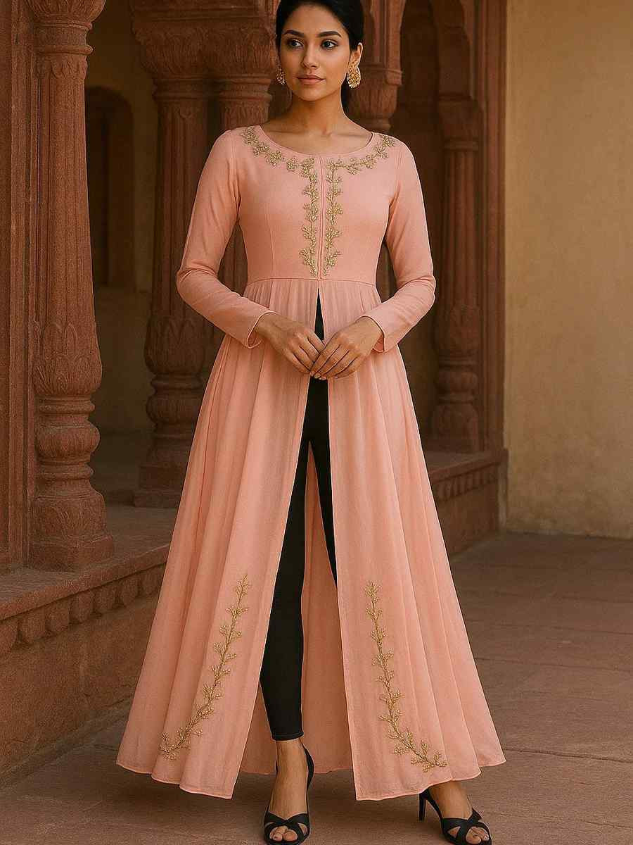 Off-White Georgette Embroidered Festival Casual Kurti with Bottom