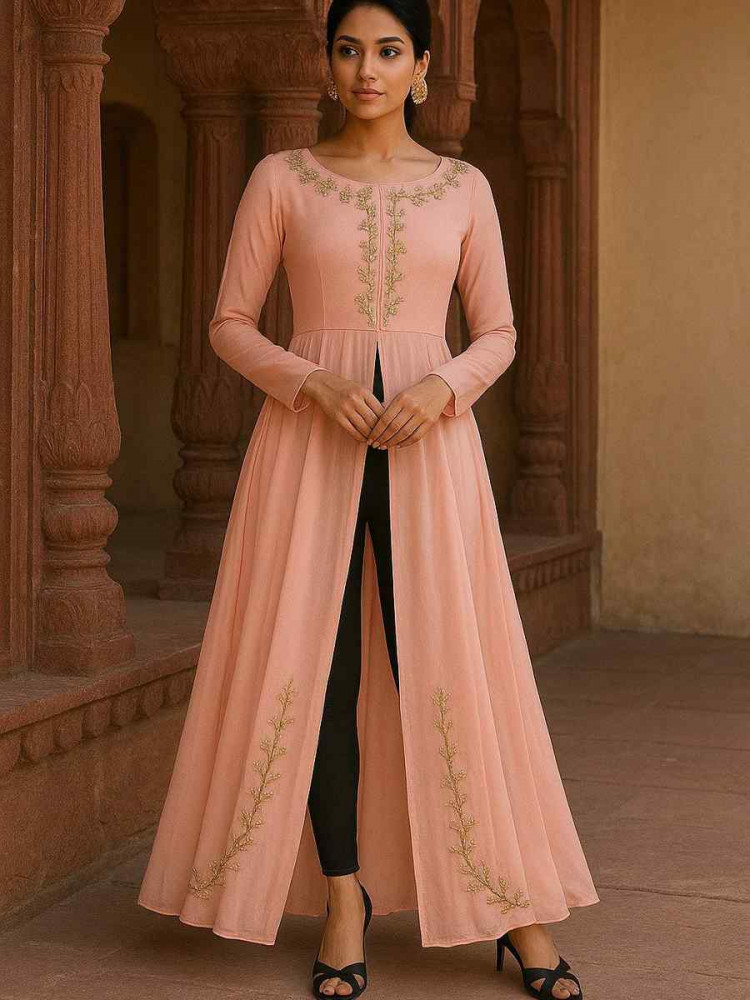 Image of Off-White Georgette Embroidered Festival Casual Kurti with Bottom