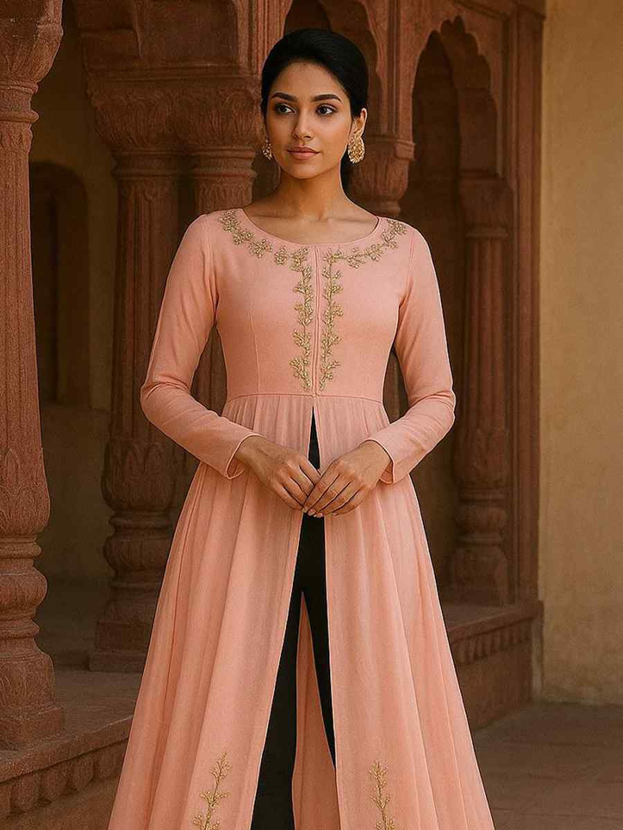 Off-White Georgette Embroidered Festival Casual Kurti with Bottom