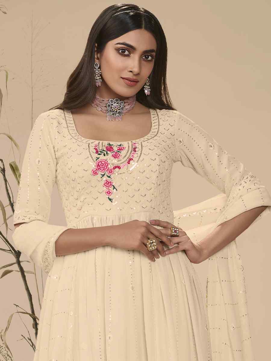 Off White Georgette Embroidered Festival Wedding Anarkali Salwar Kameez