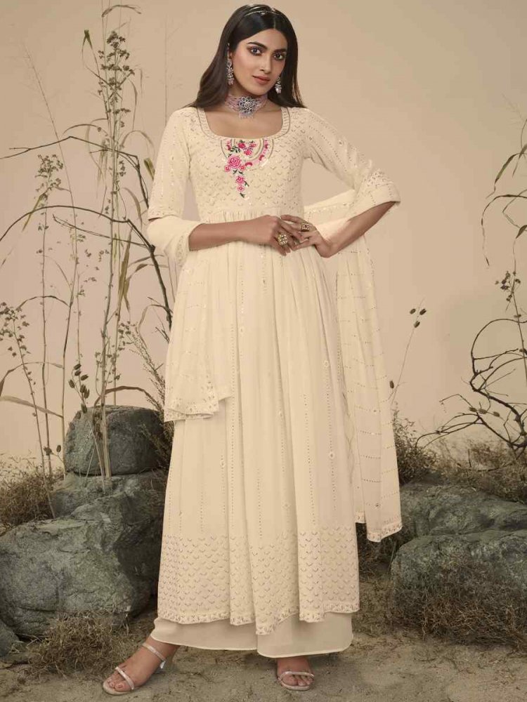 Off White Georgette Embroidered Festival Wedding Anarkali Salwar Kameez