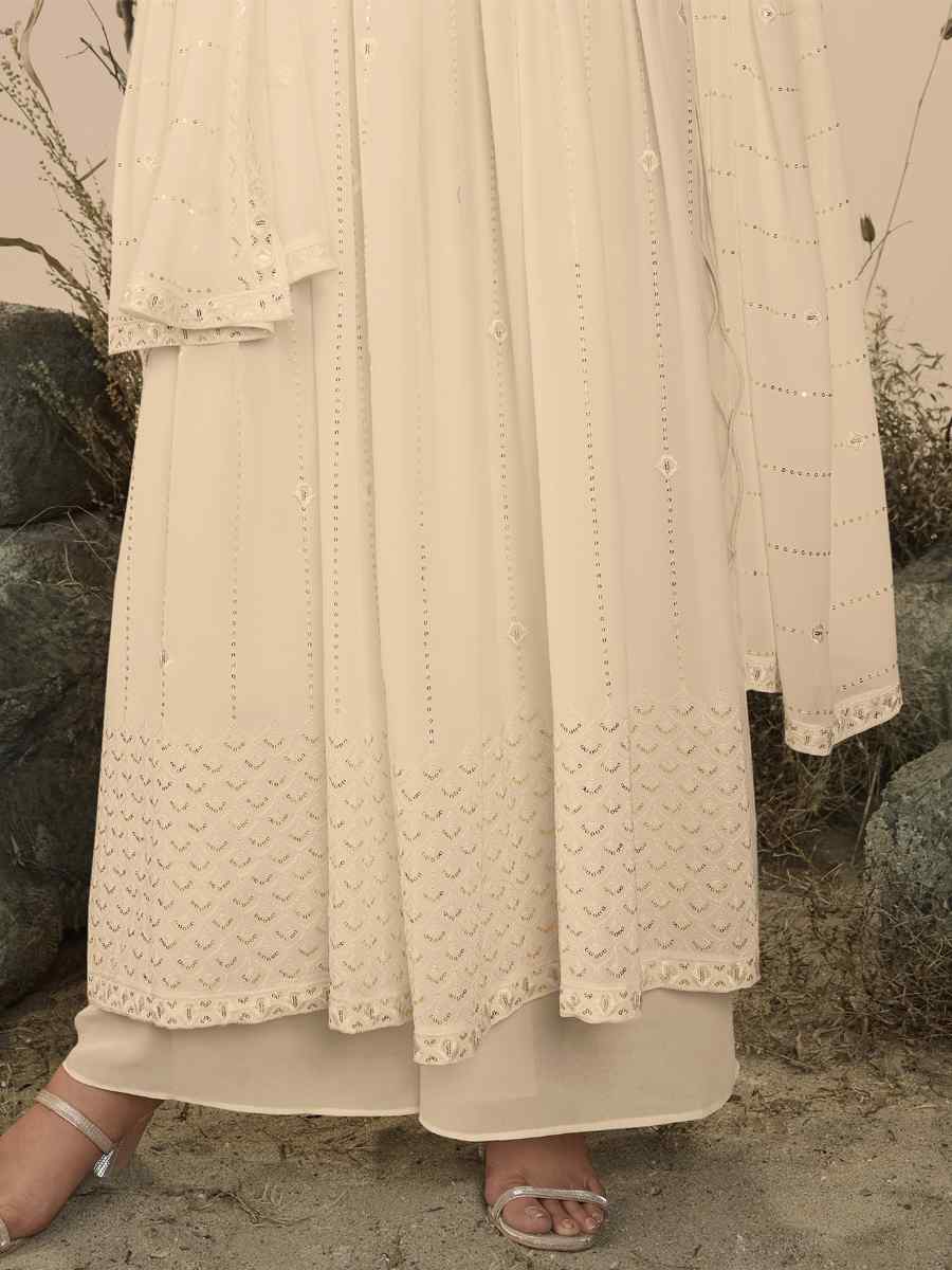 Off White Georgette Embroidered Festival Wedding Anarkali Salwar Kameez