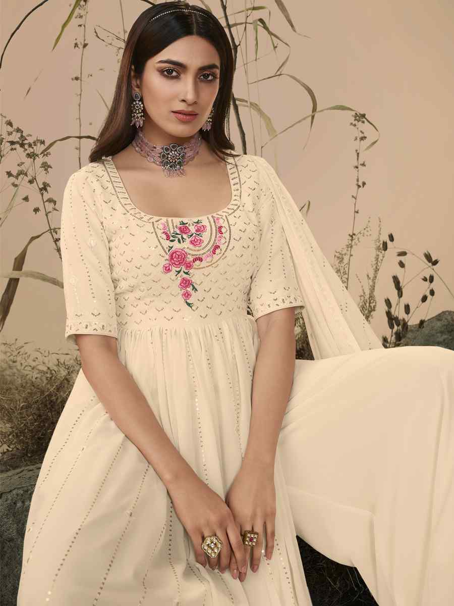 Off White Georgette Embroidered Festival Wedding Anarkali Salwar Kameez
