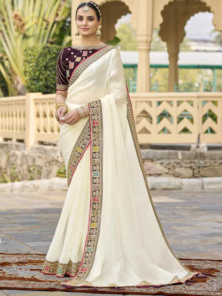 Off-White Georgette Embroidered Festival Wedding Fancy Heavy Border Saree