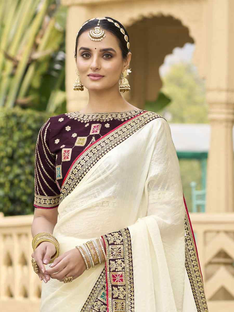 Off-White Georgette Embroidered Festival Wedding Fancy Heavy Border Saree