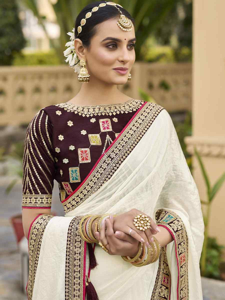 Off-White Georgette Embroidered Festival Wedding Fancy Heavy Border Saree