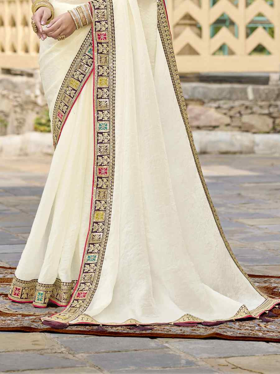 Off-White Georgette Embroidered Festival Wedding Fancy Heavy Border Saree
